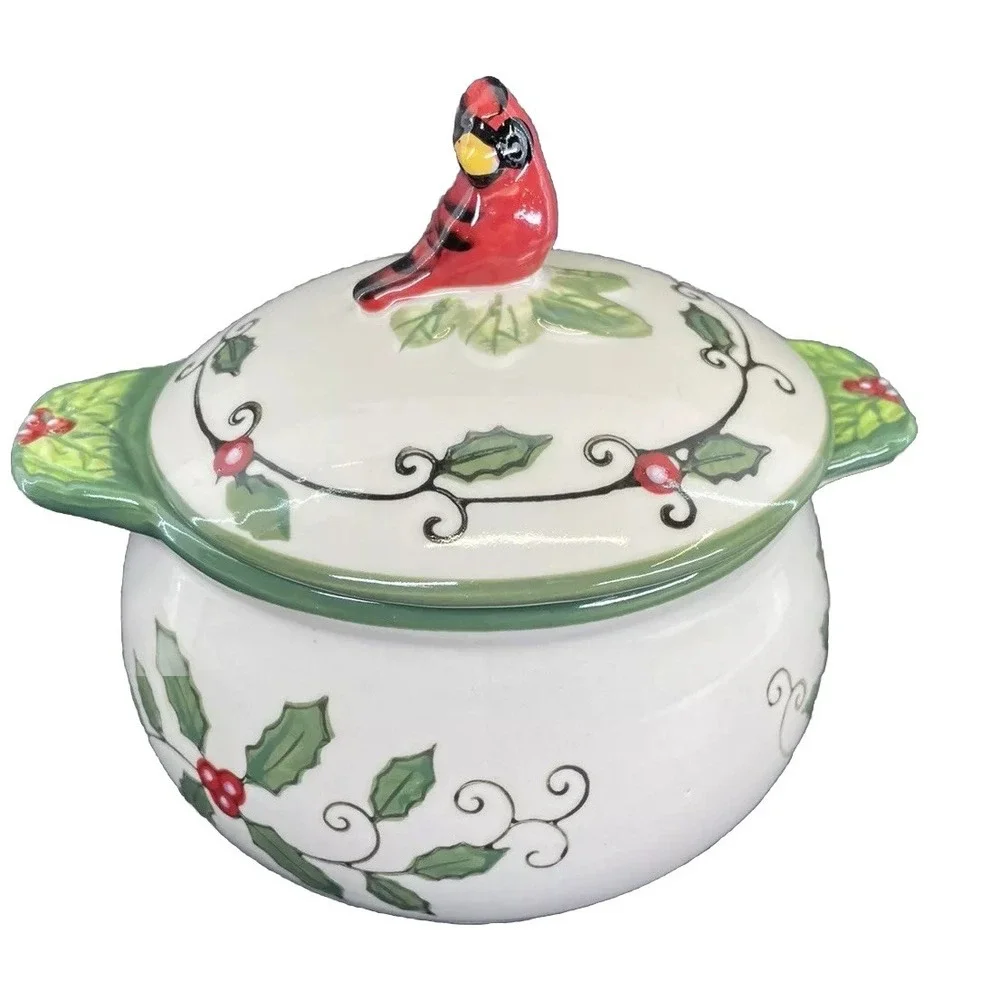 Temptations Soup & Sandwich Plate Set Christmas Cardinal Holly Berry‎ Covered